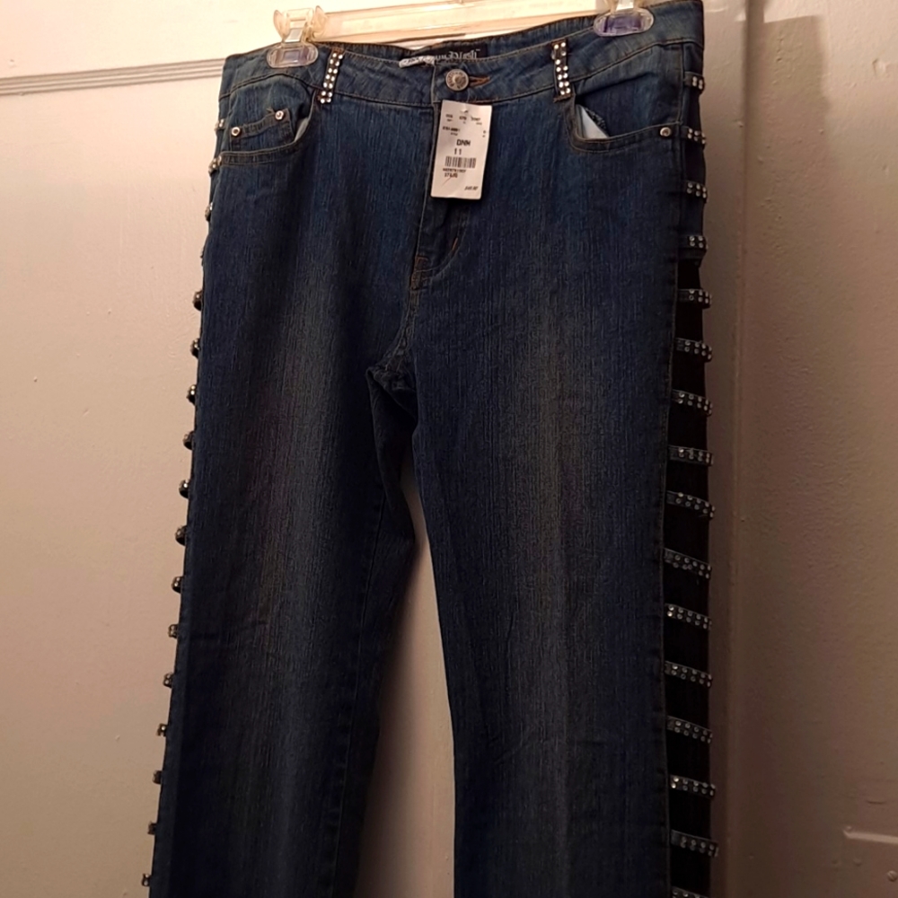 Blue Jeans w/Accents of Rhinestones on Belt Loops & Sides- Open Side Seams - New